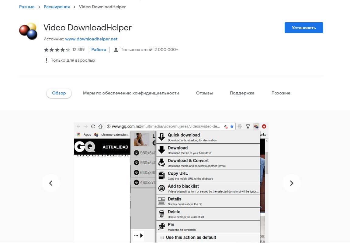 Скриншот программы Video DownloadHelper