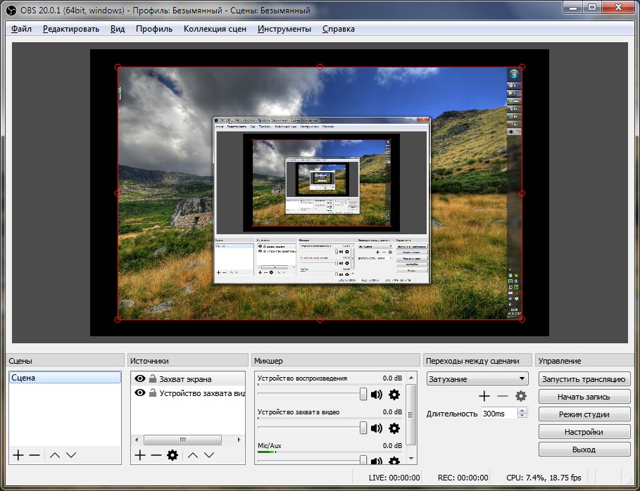 Скриншот видеозахвата в OBS Studio