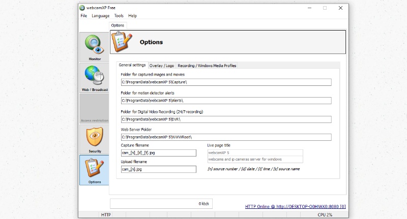 Скриншот интерфейса WebcamXP 5