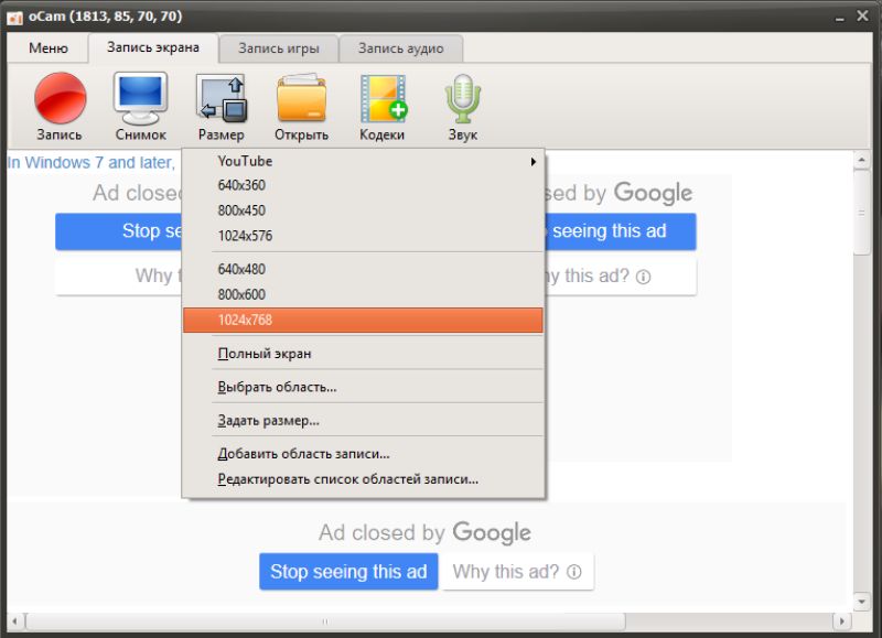 Скриншот интерфейса oCam Screen Recorder 2