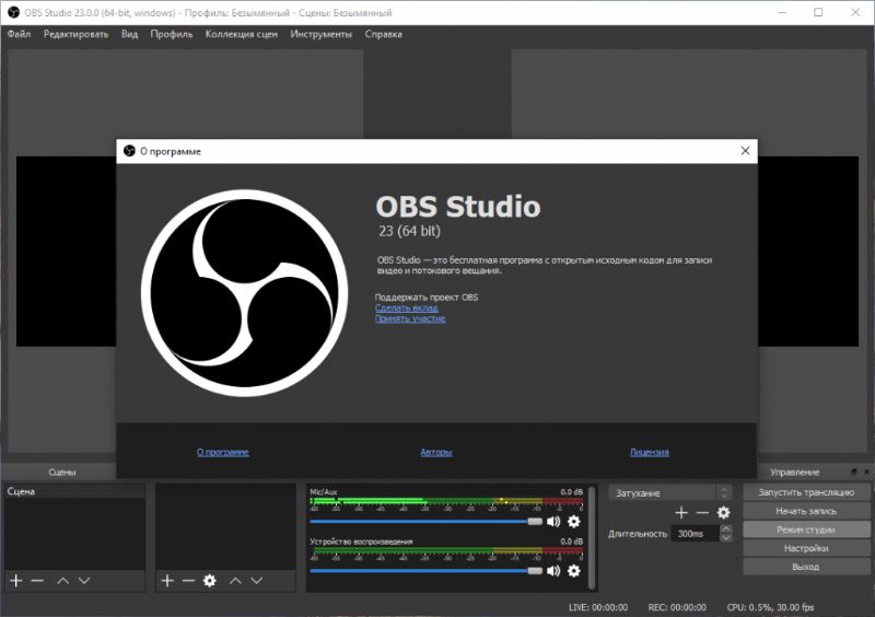 Скриншот интерфейса OBS Studio 2